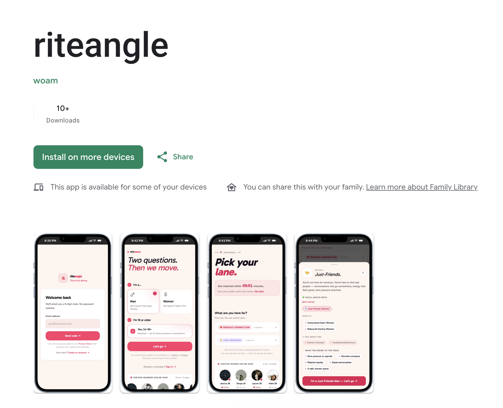 The Google Play listing for riteangle, showing the app title, an install
button, and four phone screenshots of the app.